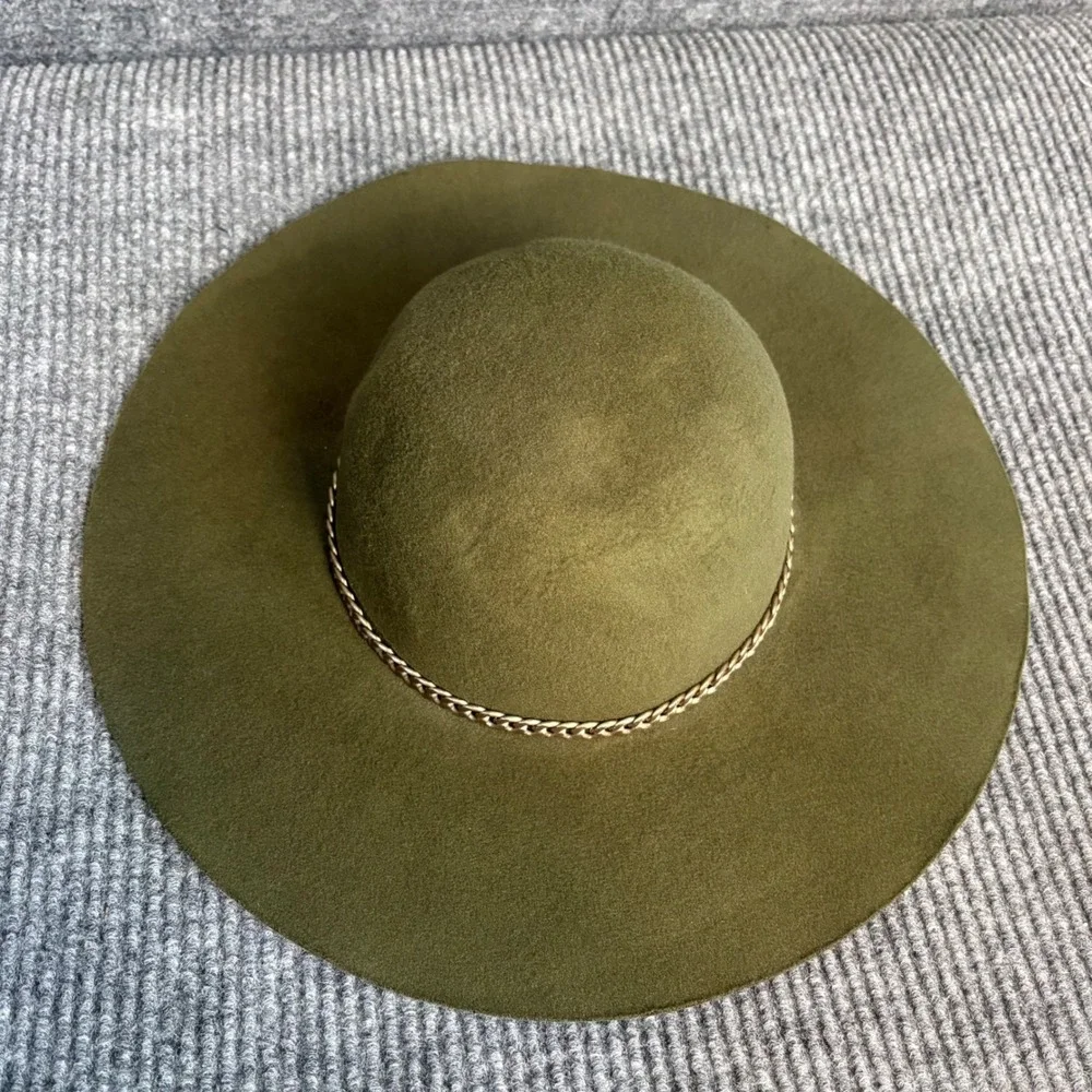 Olive Green Floppy Wide Brim Hat Gold Chain Boho Western Festival Felt